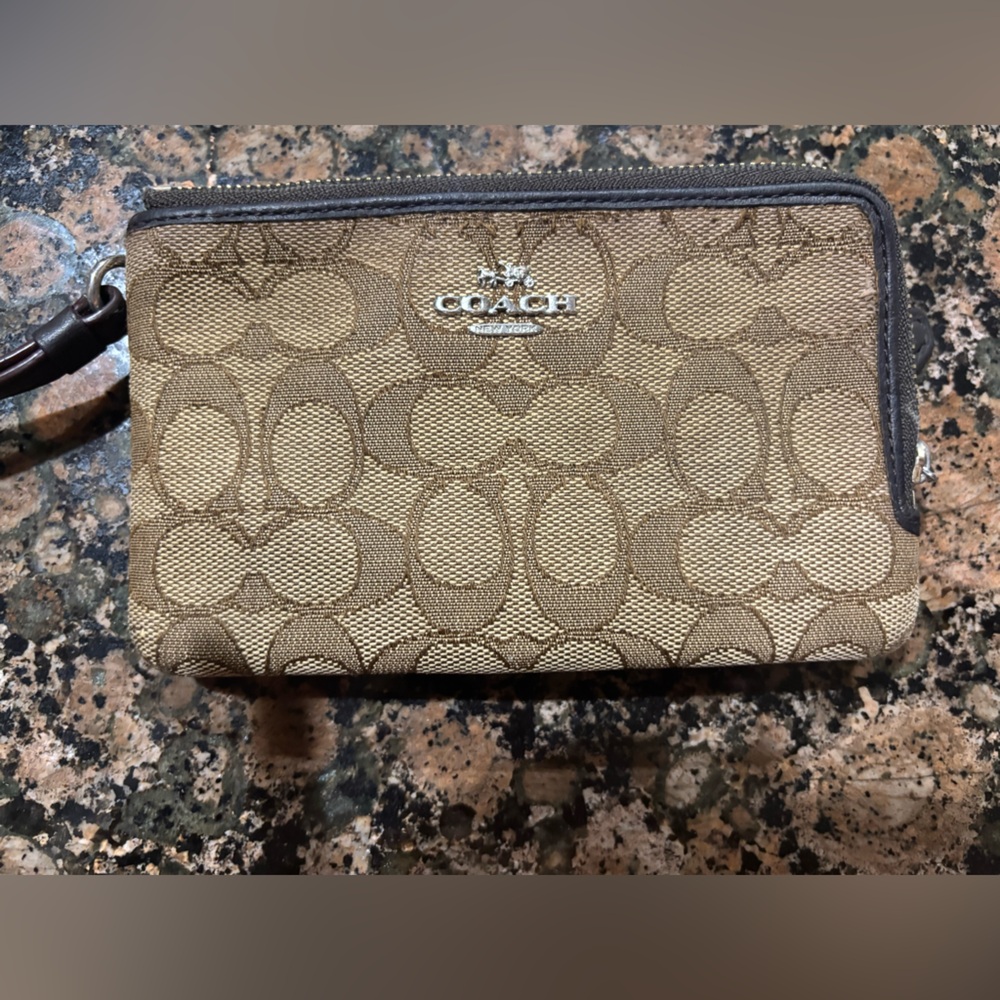 Coach Khaki and Chocolate Signature Canvas Wristlet - Picture 6 of 9